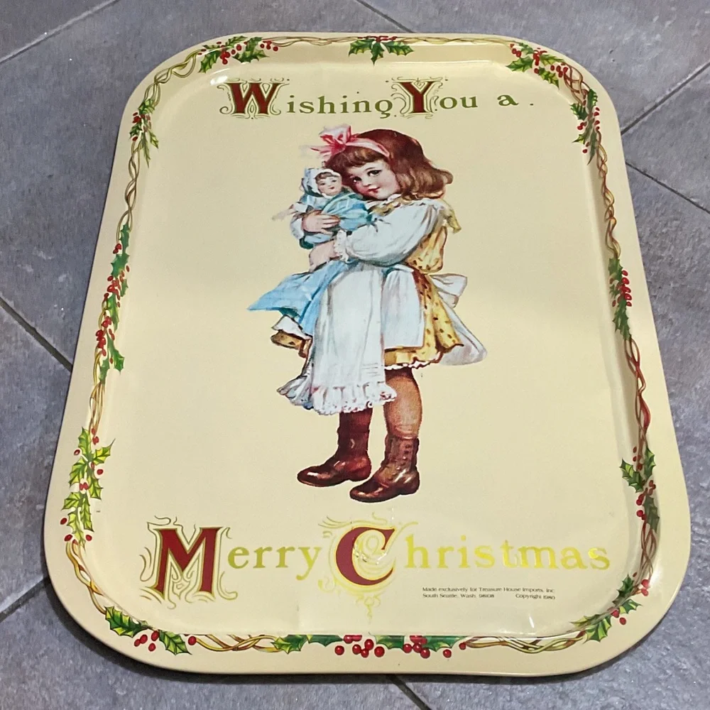Vintage Christmas Tray with Girl and Doll